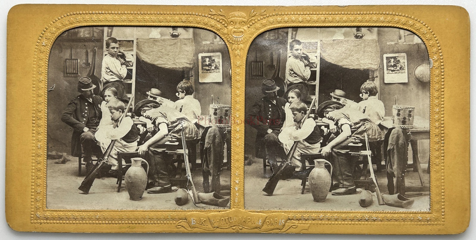 Genre Scene Kids Soldier C1860 Photo Stereo Diorama Vintage Album