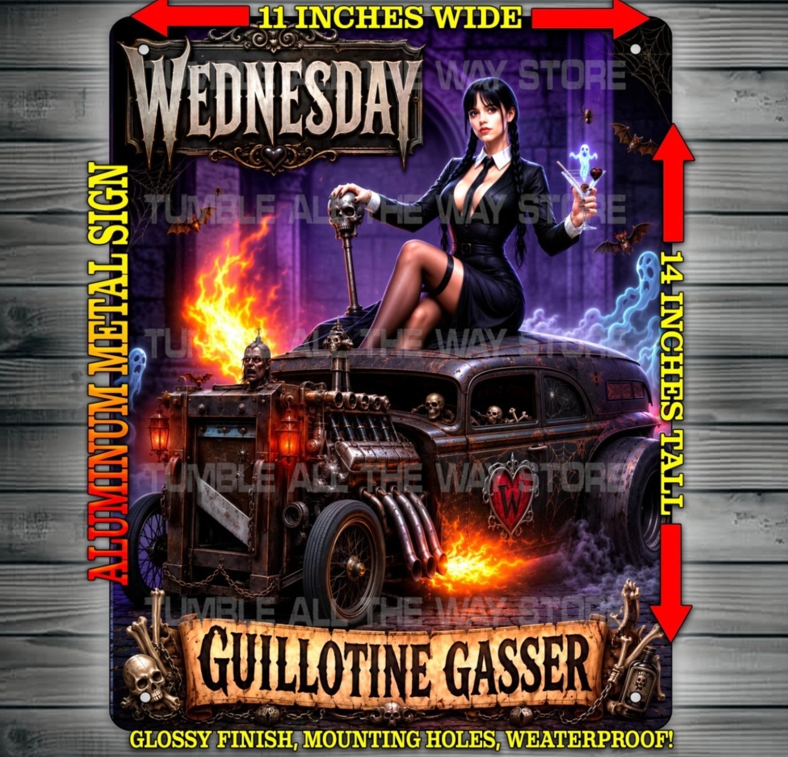 Wednesday Sexy Hot Rod Guillotine Gasser Metal Sign Wall Art 14″ x 11″