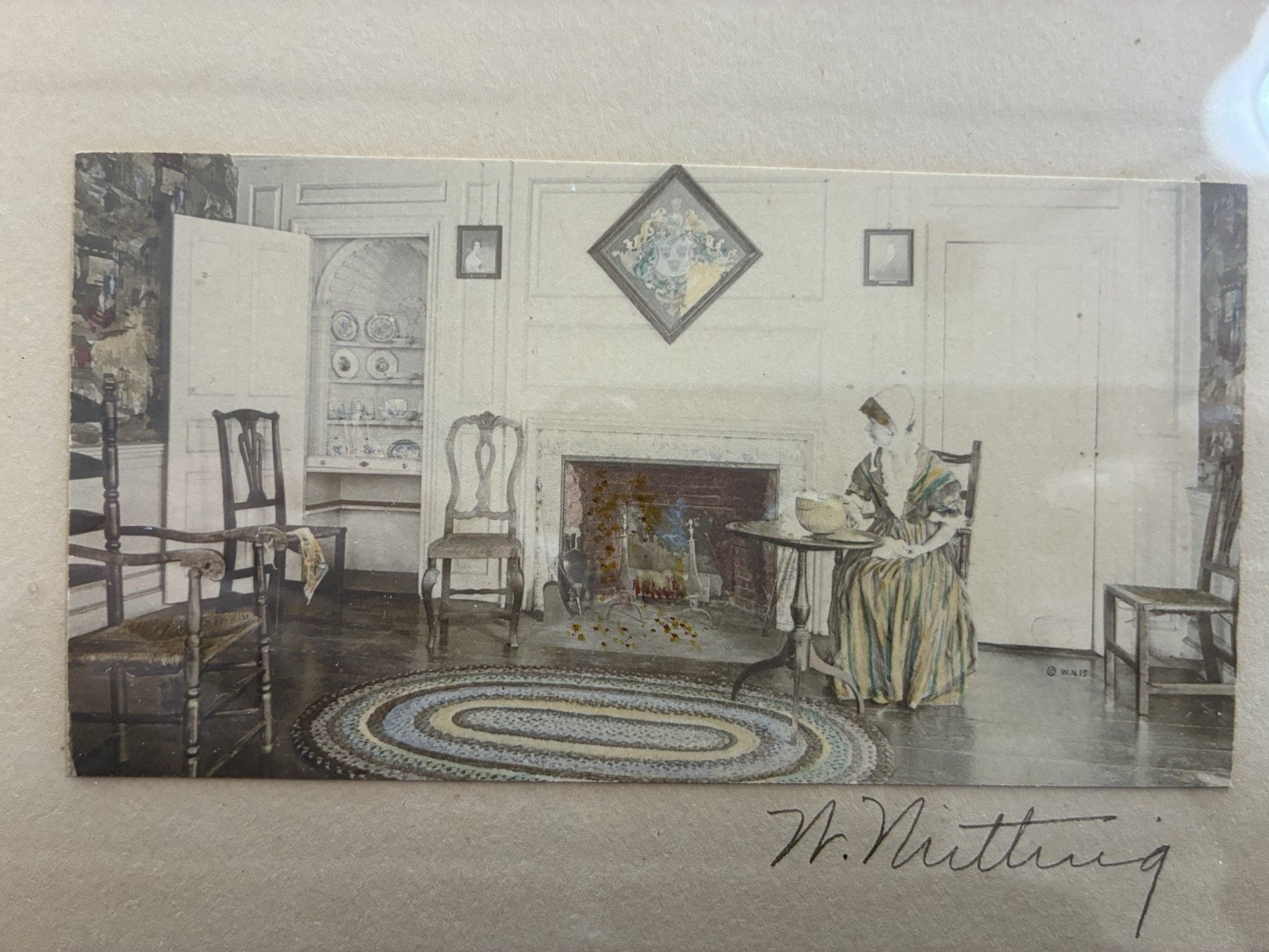 WALLACE NUTTING: FRAMED HAND COLORED PHOTO: INTERIOR LIVING ROOM SCENE W LADY