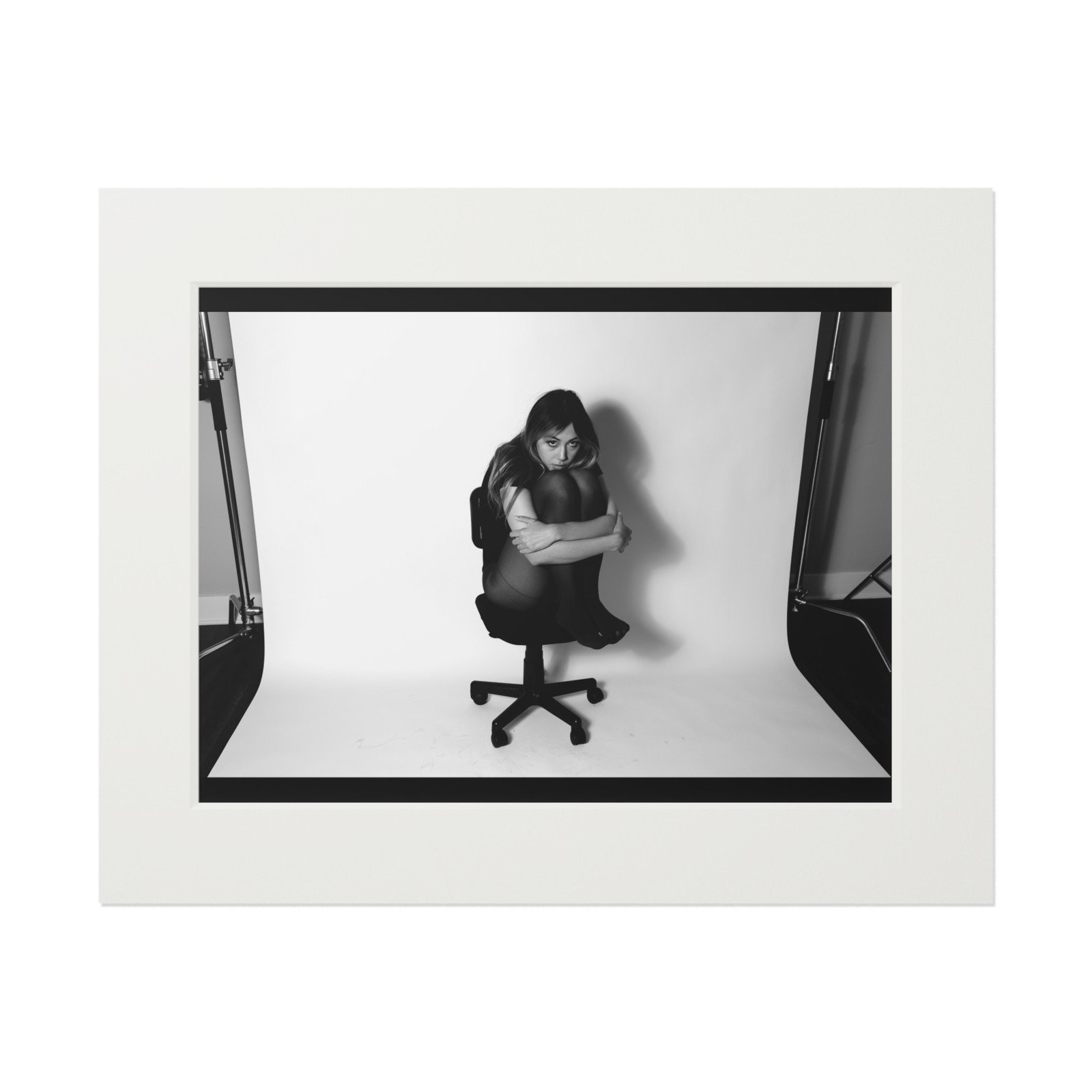 20 x 16 BW Photo Print Model Black Leotard Tights Legs Up Office Chair