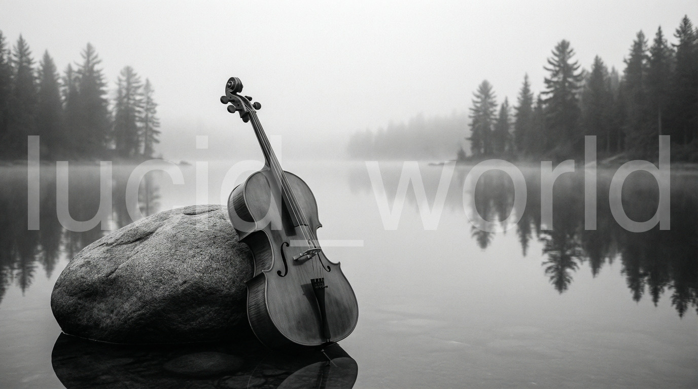 Cello Lake Mist Digital Ai Art B&W Musical Landscape Instant Download HD File