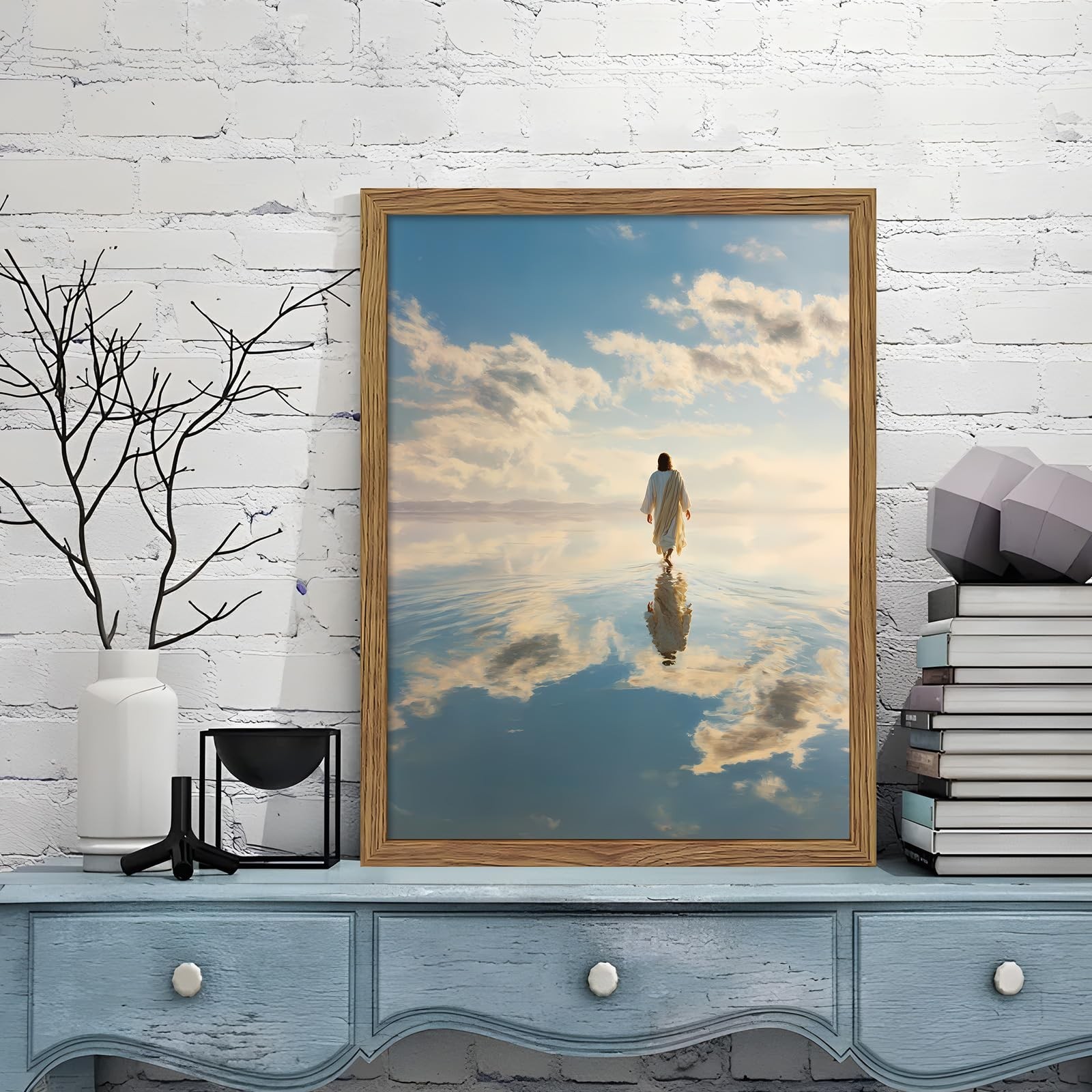 Framed Jesus Walking on Water Canvas Wall Art Jesus Pictures 12×16 Inch | Chr…