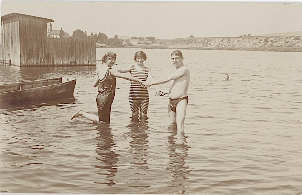Bathing Swimwear Girl Young Man in Lake Vintage Circa 1914