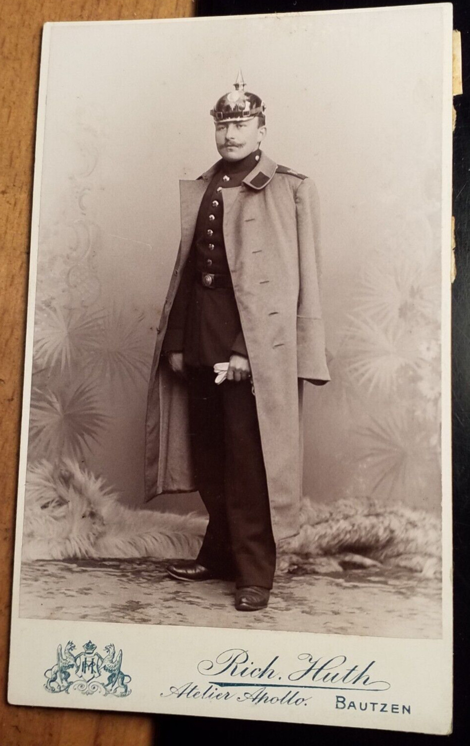 standing soldier with beard in uniform coat helmet / CDV Rich. Huth Bautzen