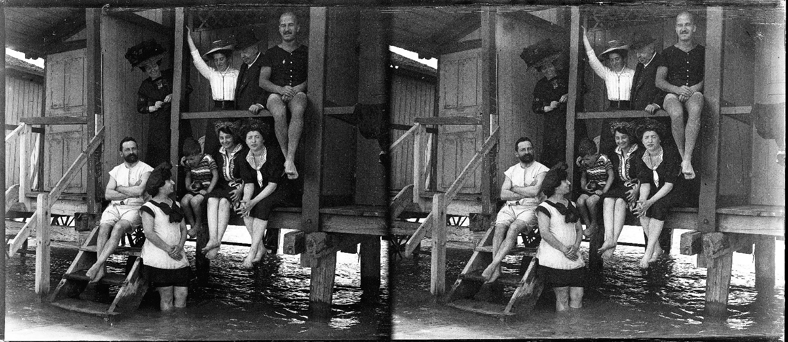 STEREO GLASS NEGATIVE, elegant girls and men on beach, swimsuits, rare, vintage