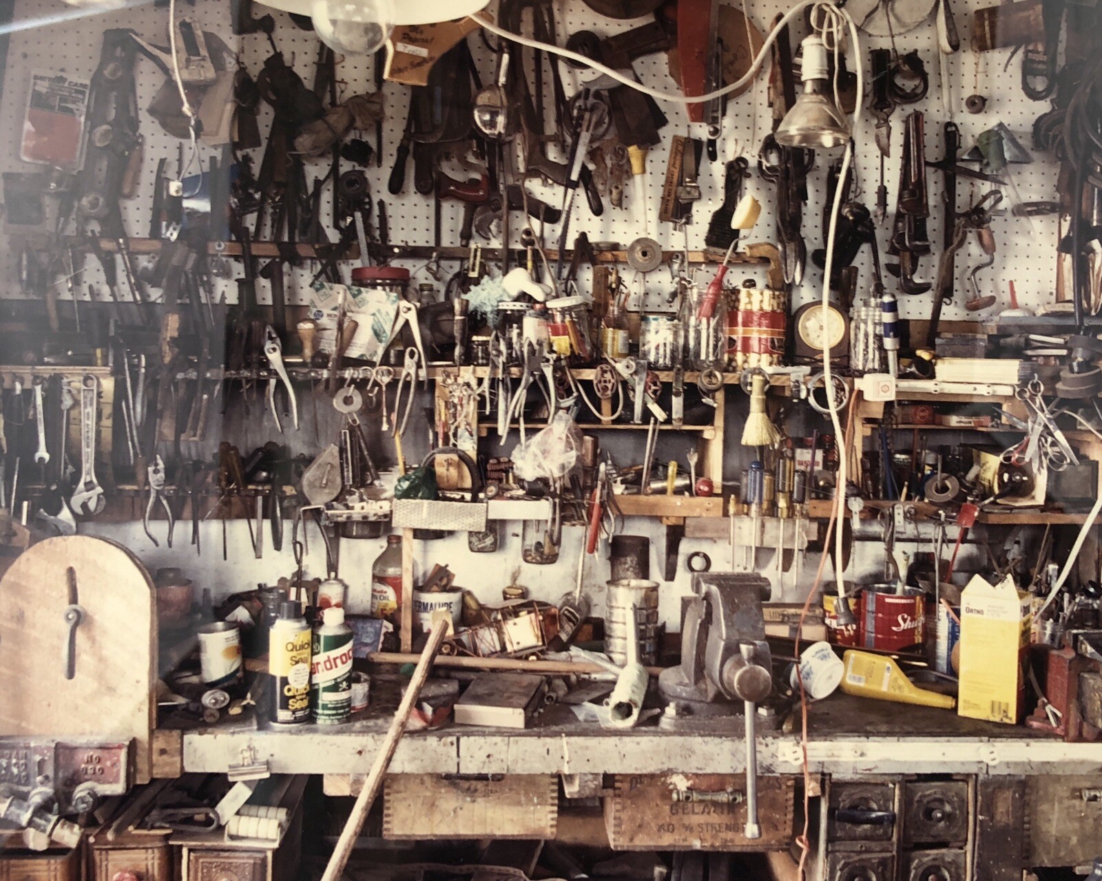 Densely Packed 1970 Workbench Gold Framed Photograph Pegboard Tools 9×11 in
