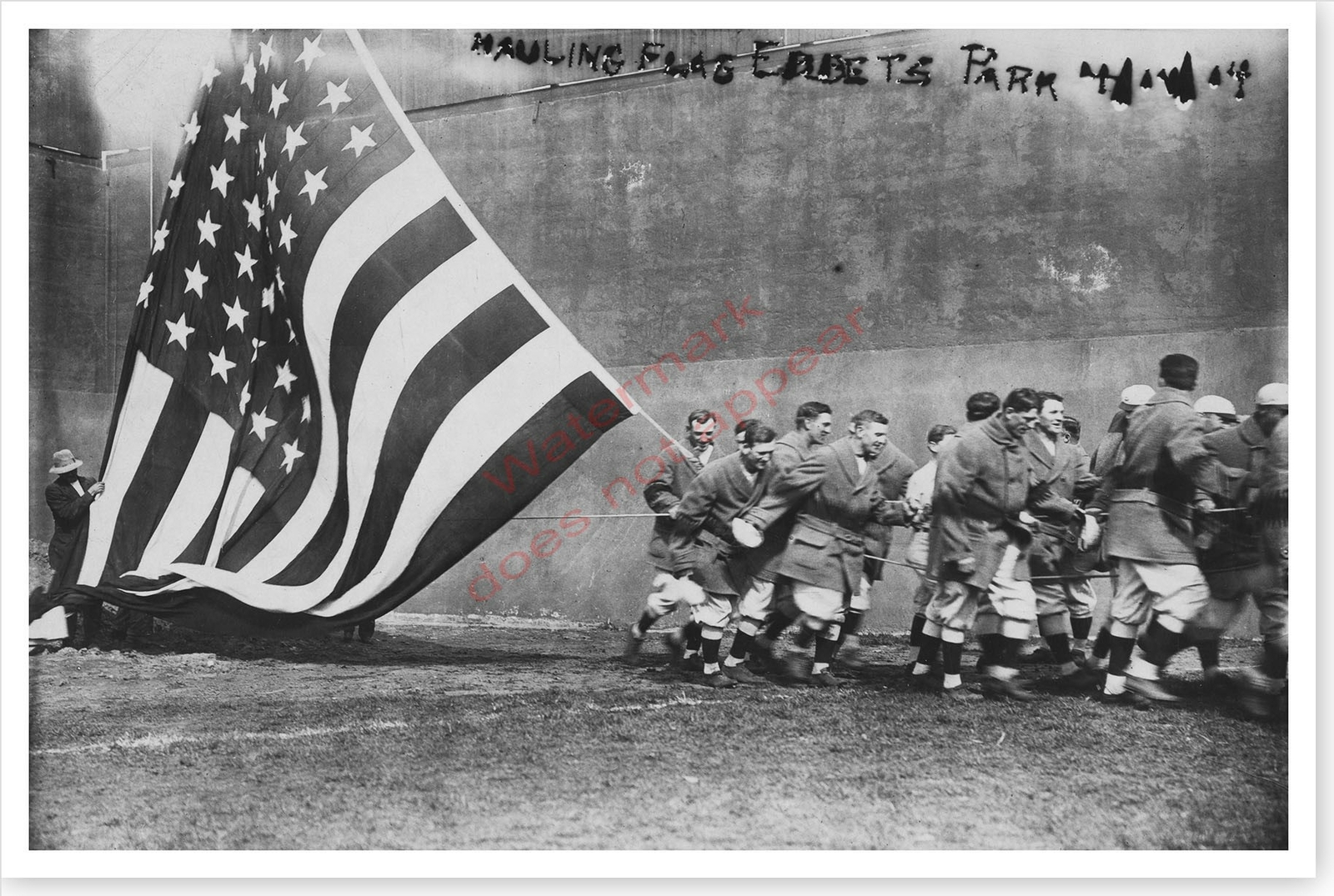 Giant US Flag Raising At Baseball Opener Ebbets Field 1914 Silver Halide Photo