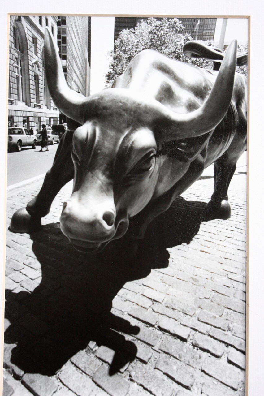 AKI DAVIS Signed Photograph Charging Bull Sculpture NYC B&W Silver Gelatin