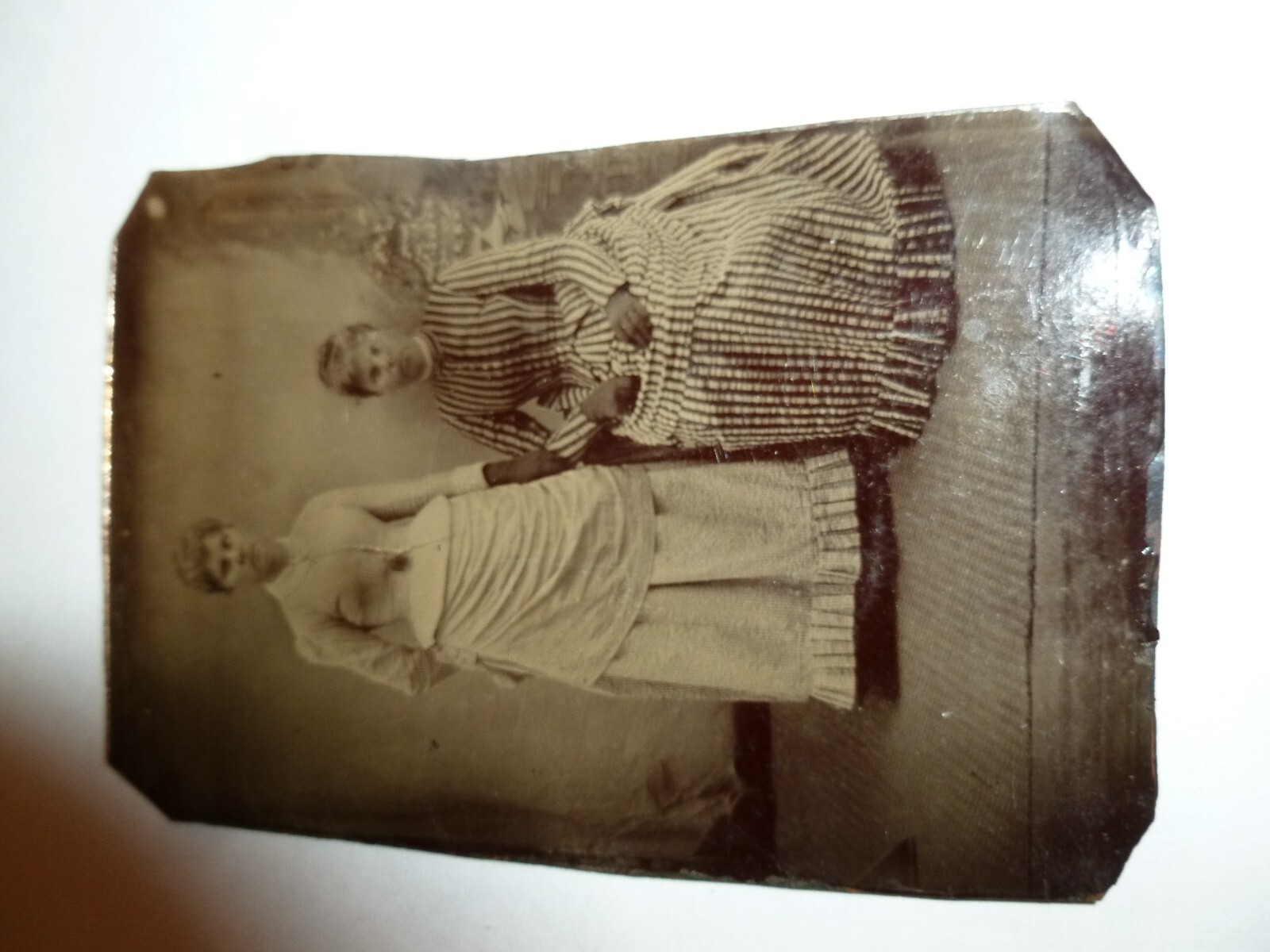 Victorian Tin Type Photo Ladies Twin Sisters Different Dresses Antique