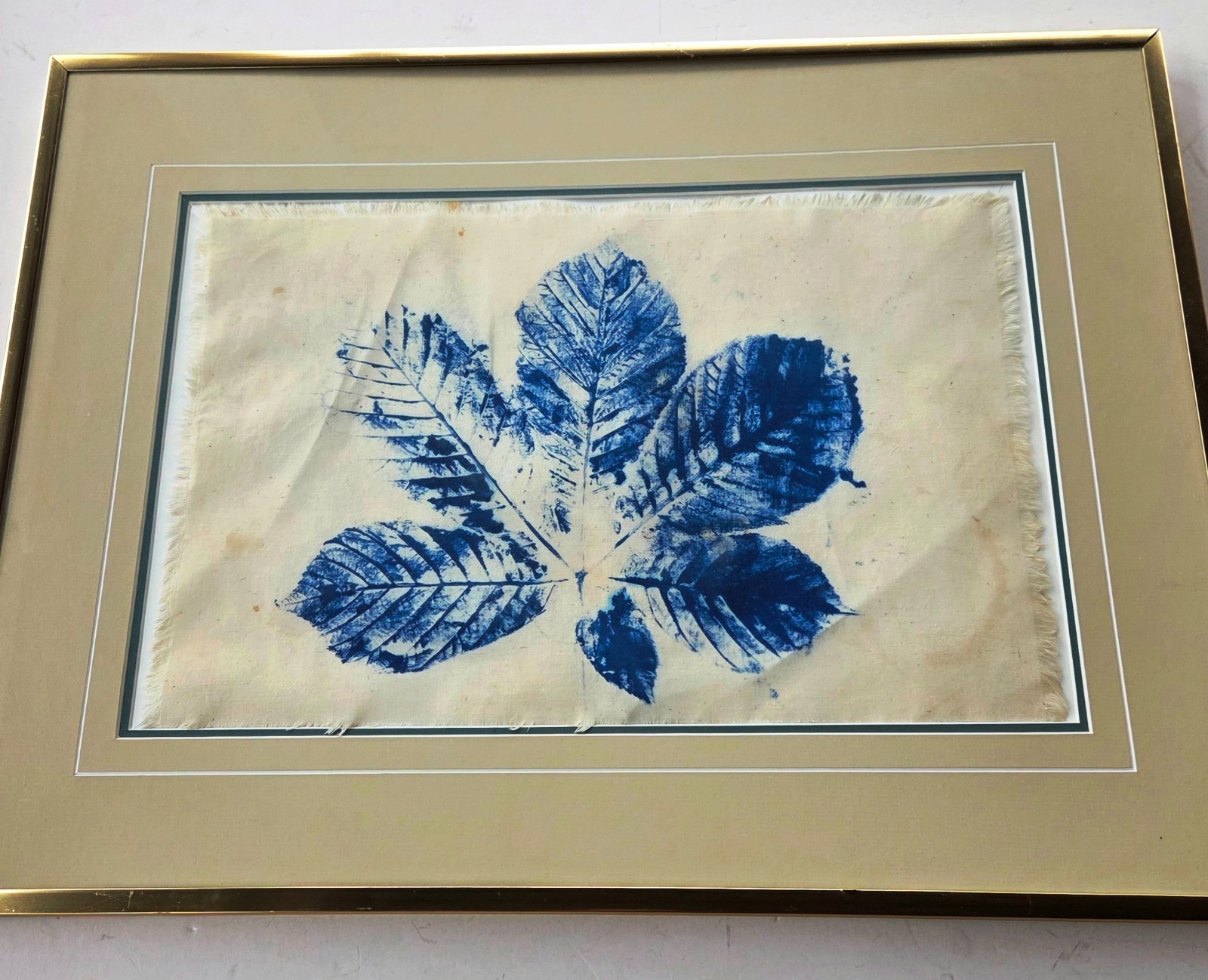Framed Large-Format Cyanotype Sun Picture on Cloth – Poplar Leaf