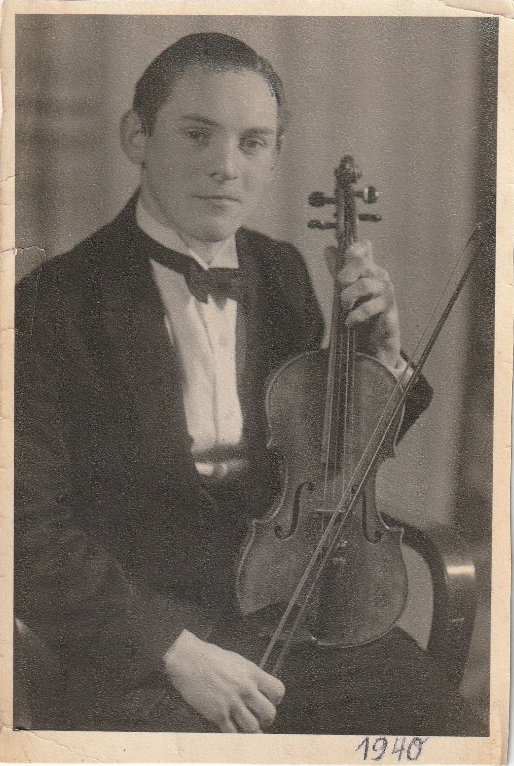 Photo Postcard Young Man with Violin 1940 Fashion Snapshot