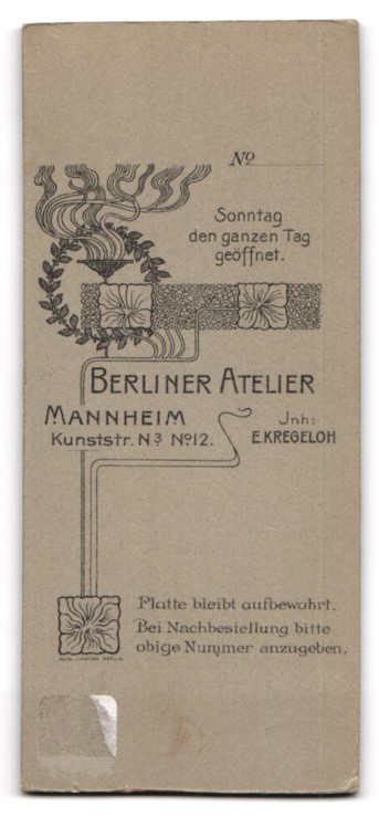 Photograph E. Kregeloh, Mannheim, Kunststraße N°. 3 N°12, Young Lady in Traditi