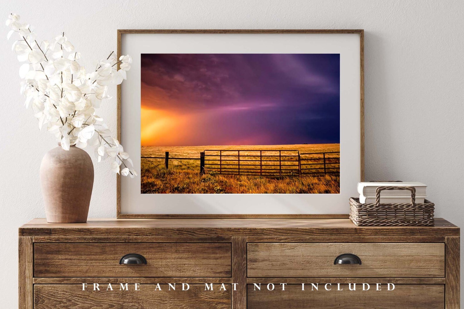 Western Photography Print – Picture of Stormy Sky Over Fence Gate in Oklahoma