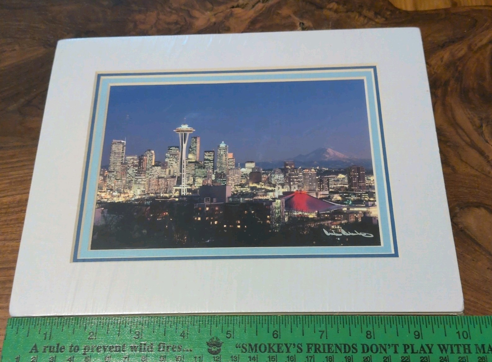 Rick Morley Signed, Seattle Skyline & Mt. Ranier, 10″ x 8″ Matted Print SEALED