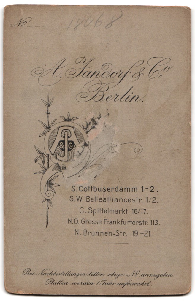 Photograph A. Jandorf & Co., Berlin-N, Brunnen-Strasse 19-21, portrait Bürgerli