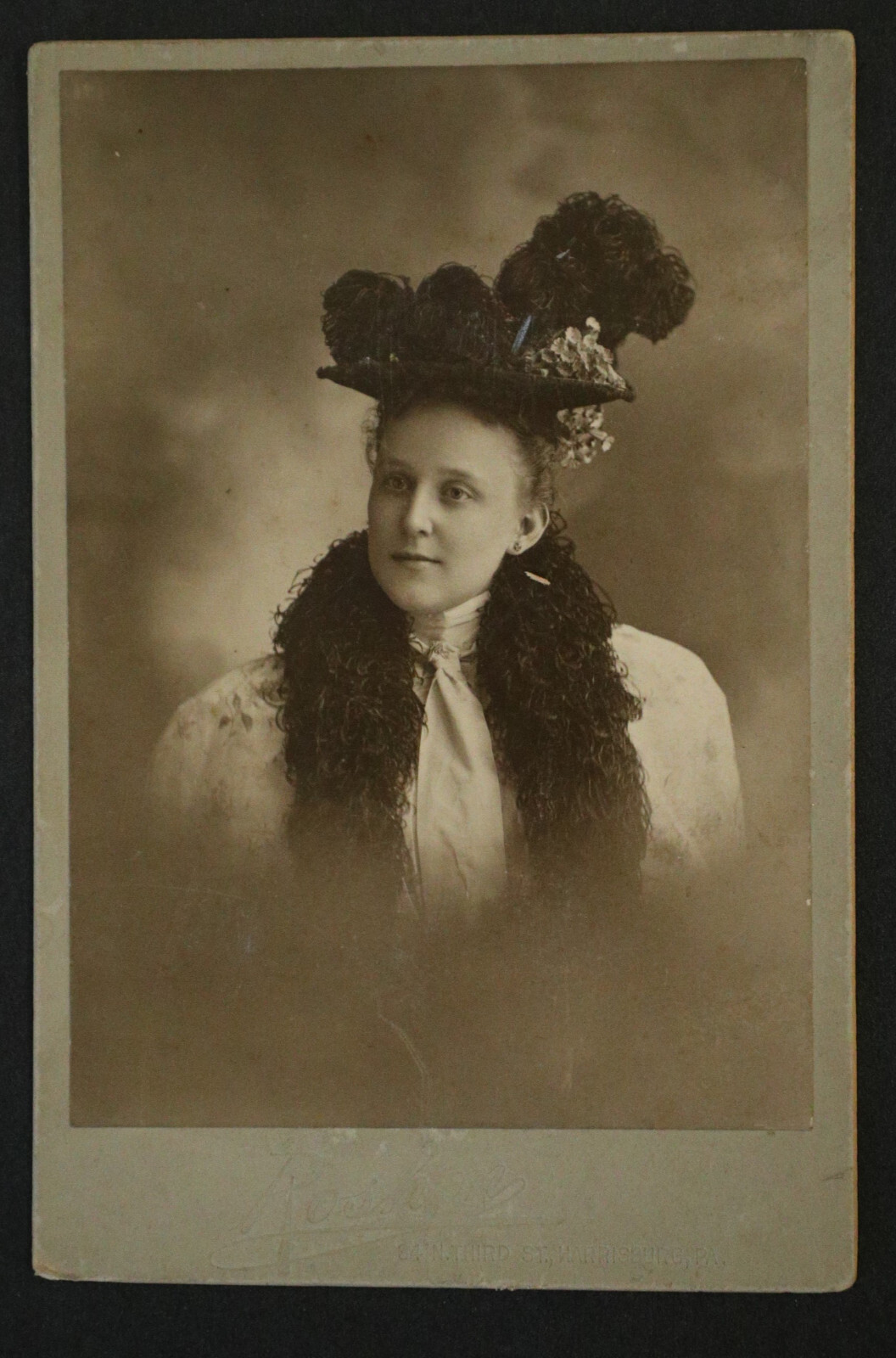 Cabinet Card, Young Lady in Fancy Hat & Stole. Roshon Harrisburg PA