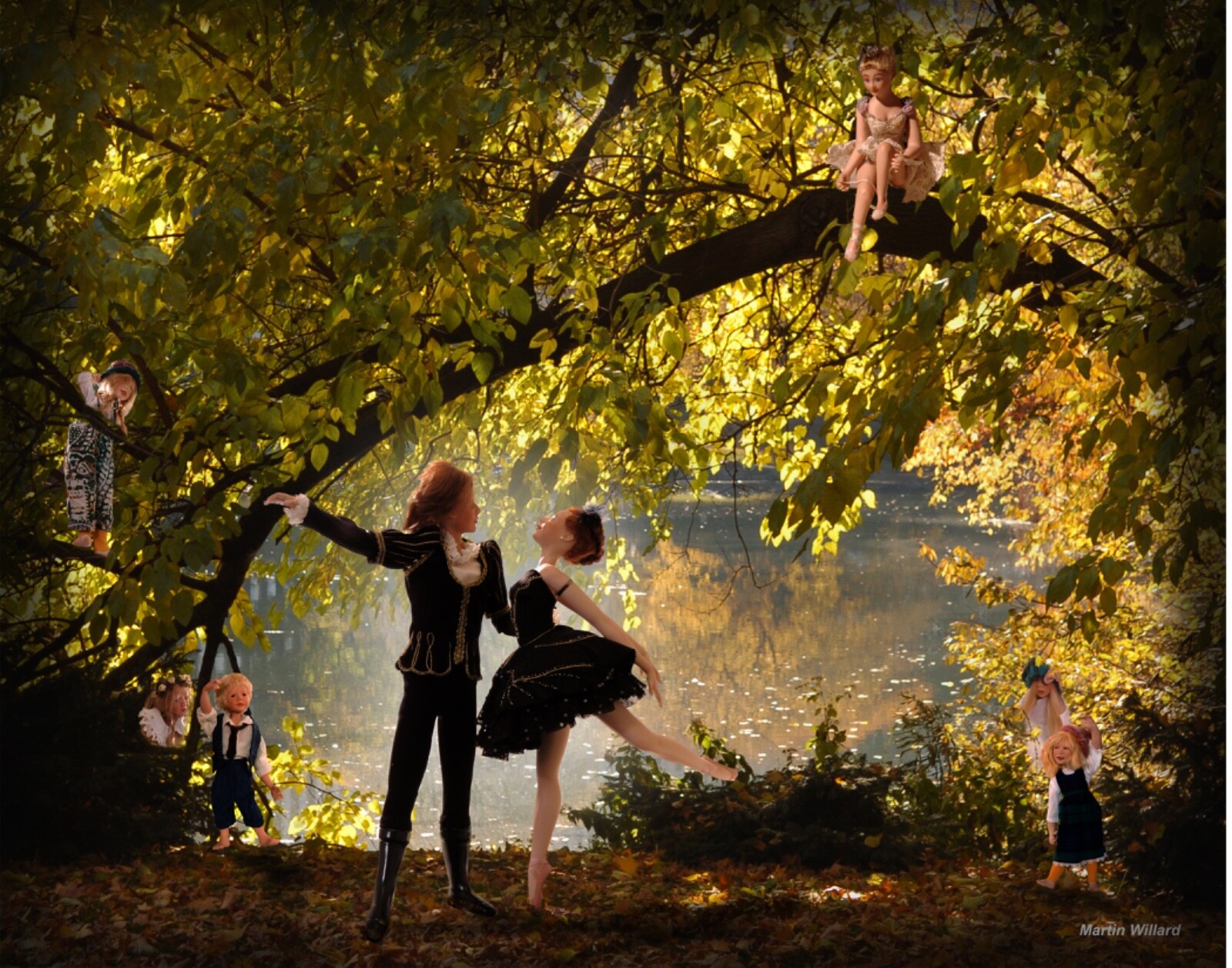 Composite dolls, dancers under the trees. NOT AI.