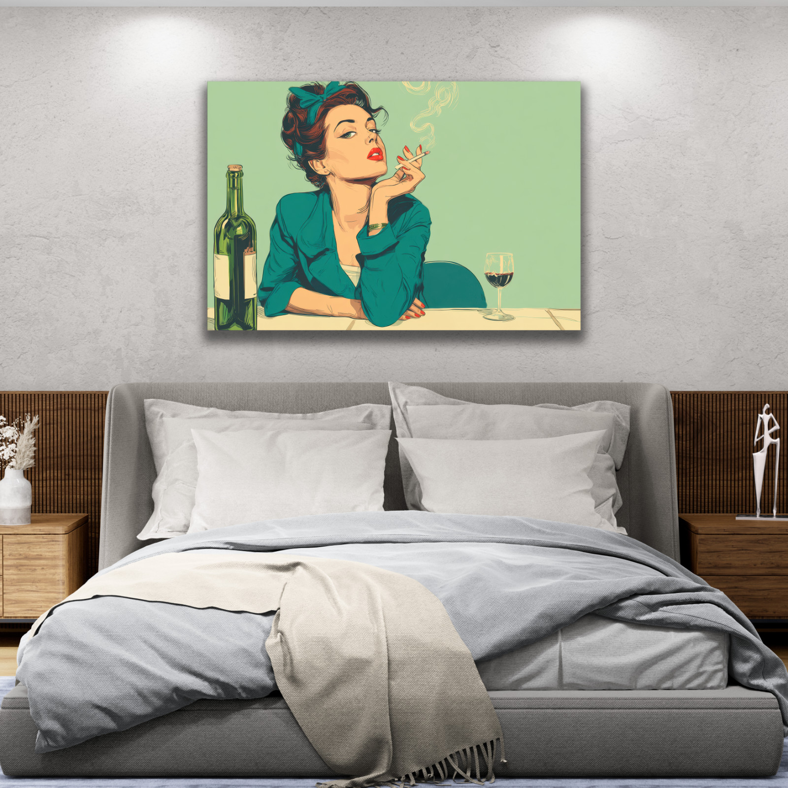 Retro Pop Art Woman Smoking Cigarette with Wine Bottle and Glass, Vintage Comic