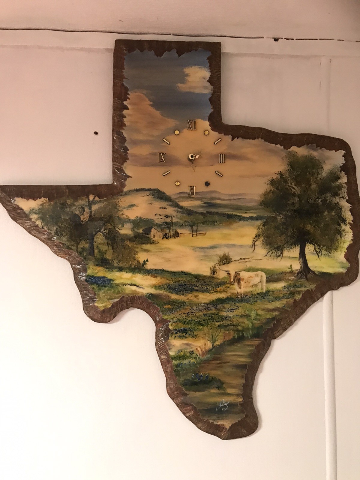 State Of texas Shaped Homestead And bluebonnets Painting On Wood / Signed