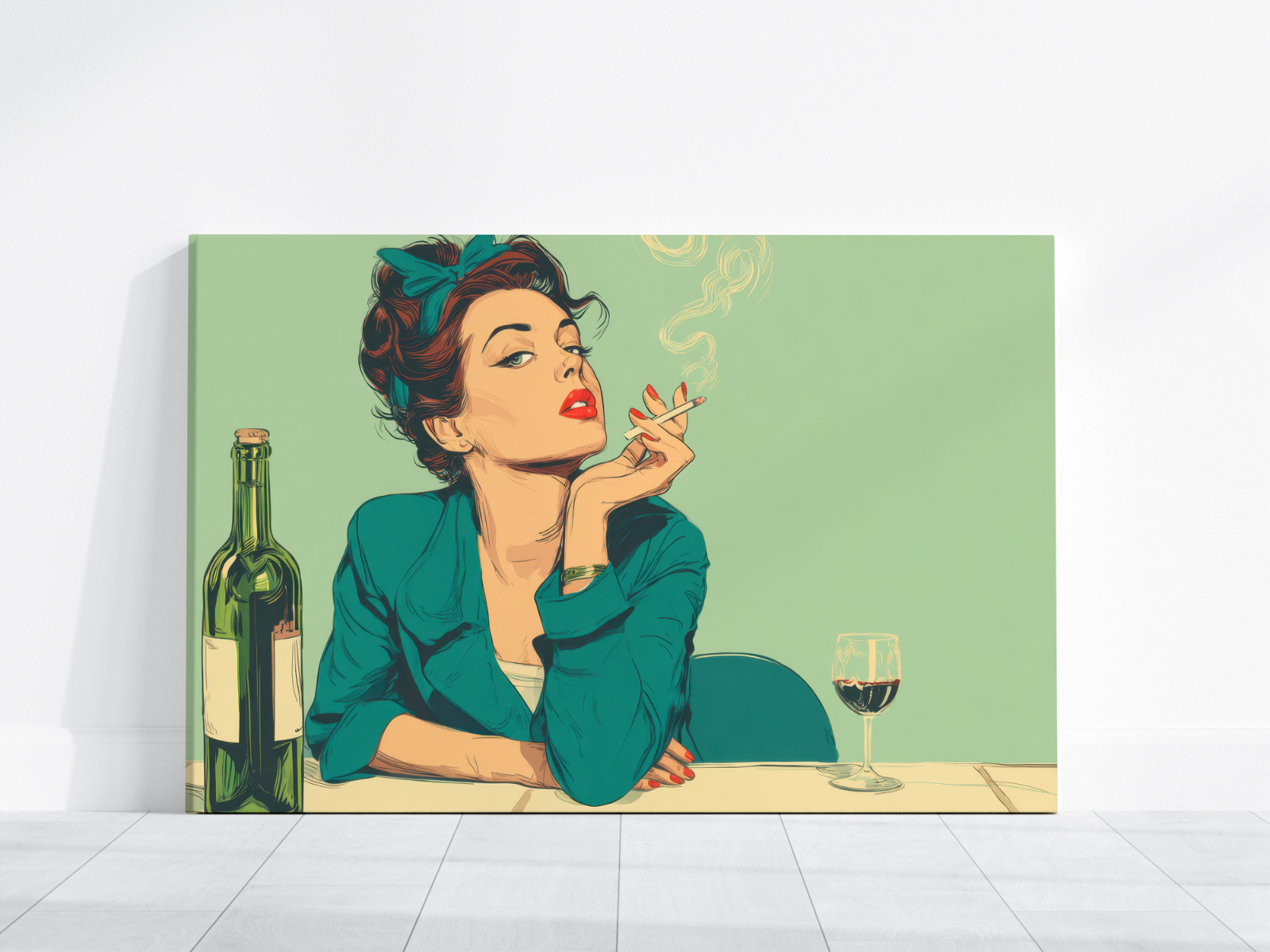 Retro Pop Art Woman Smoking Cigarette with Wine Bottle and Glass, Vintage Comic
