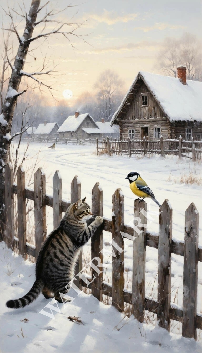 Digital Image Winter Snow Cat & Bird Cozy Picture Wallpaper Desktop Wall Art A27