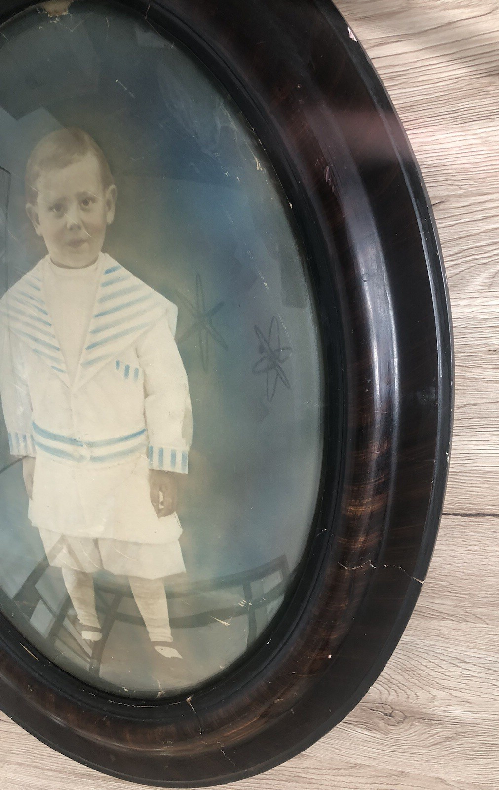 Large Antique Oval Bubble Glass Sepia Photo Child Portrait BOY IN SAILOR SUIT