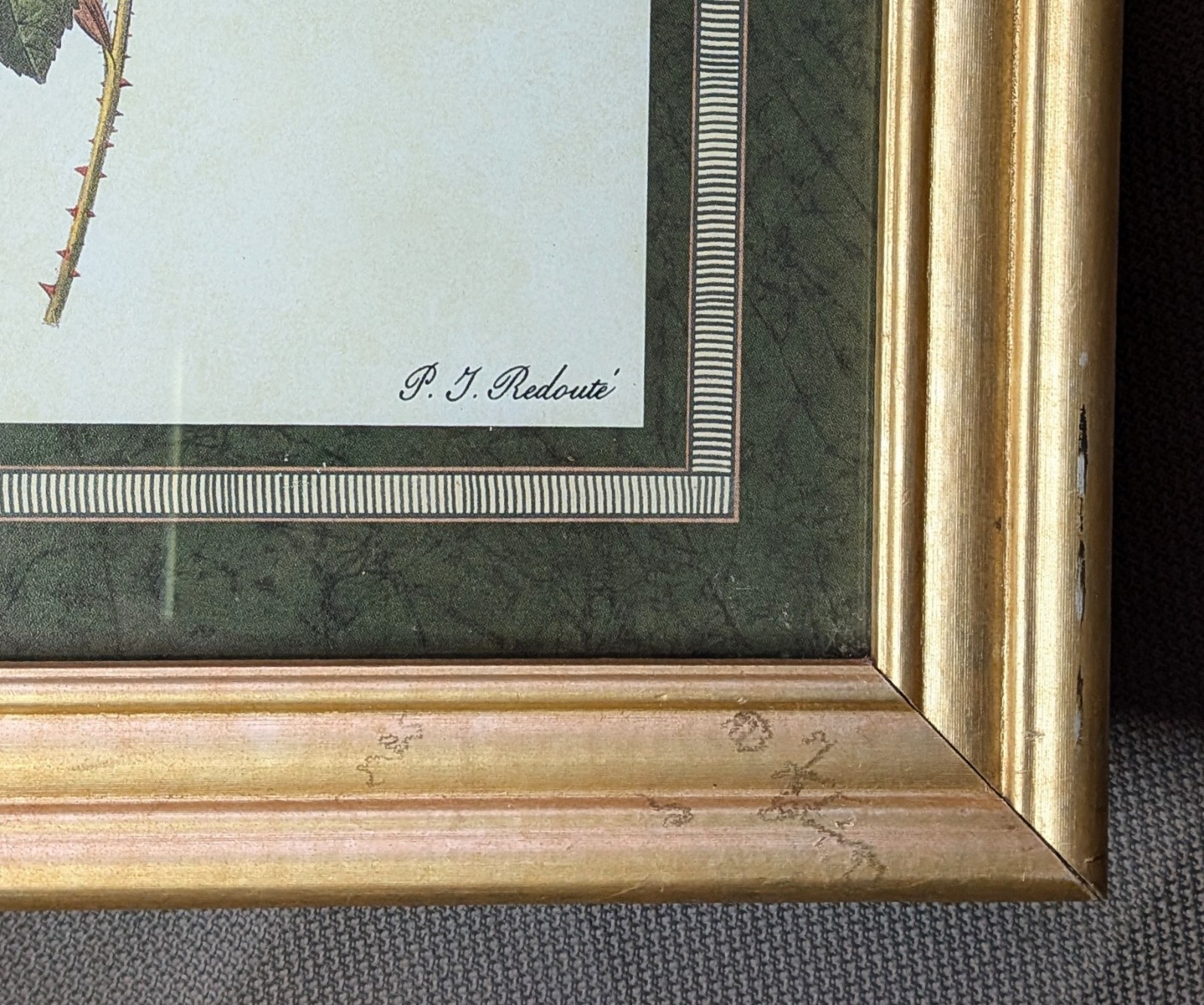 P.J. Redoute Botanical Print Pink Rose Gold Tone Frame 11.5×9.5” Vintage