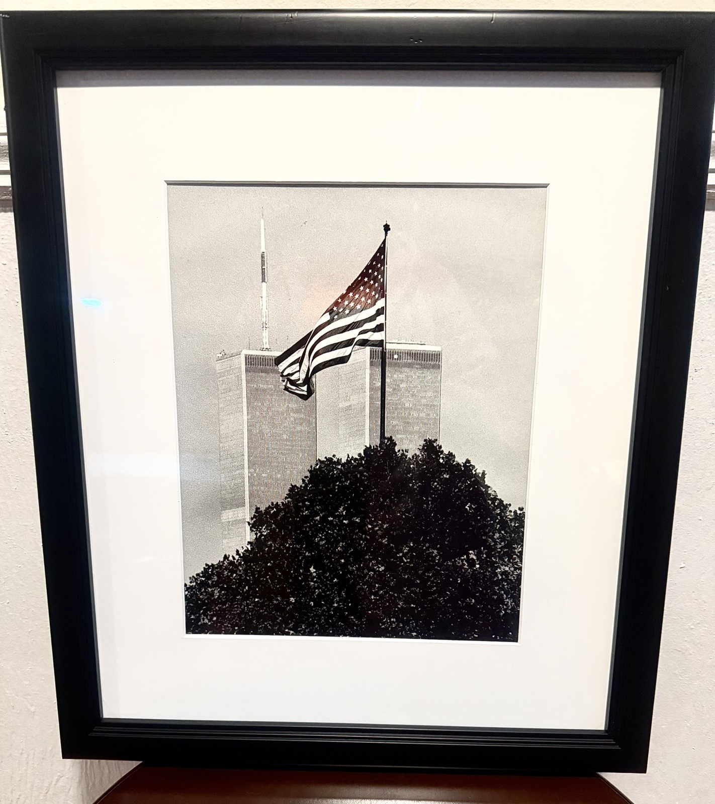 WTC Twin Towers & US Flag NYC Black & White Photo Print Custom Matted & Framed