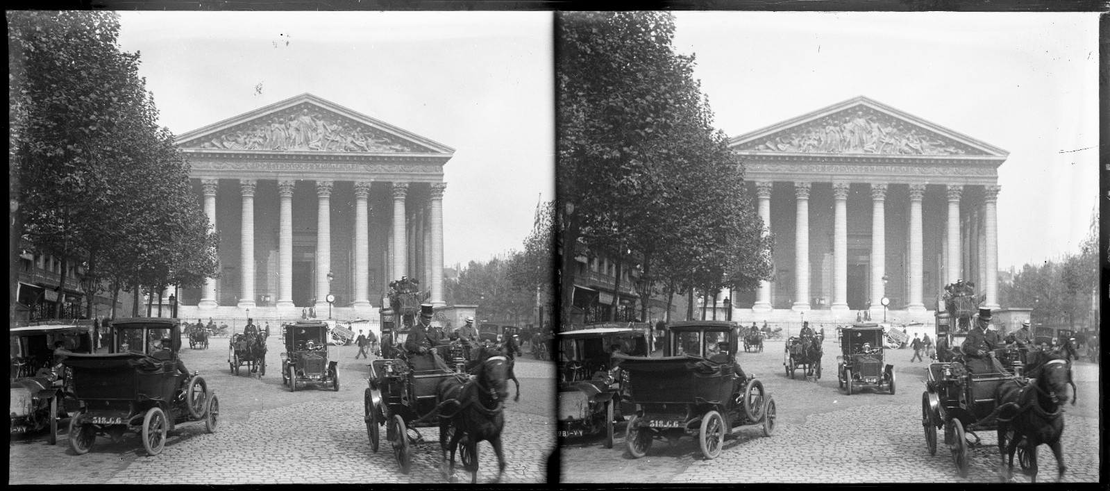 STEREO GLASS NEGATIVE, PARIS, Place de la Madeleine, omnibus, old classic car ci