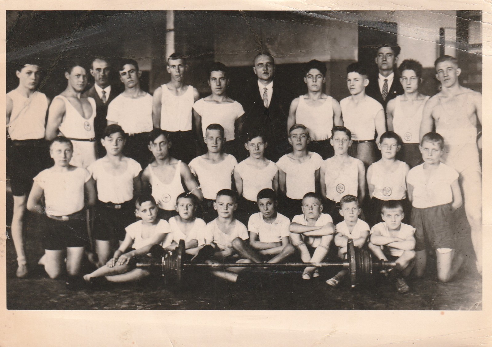 Photo postcard pretty boys in sports dress strength training athlete 1930s