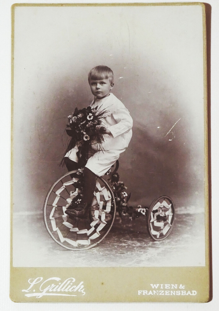 Cabinet Photo Small Jack on Tricycle High Wheel 1900s Vienna Franzenbad