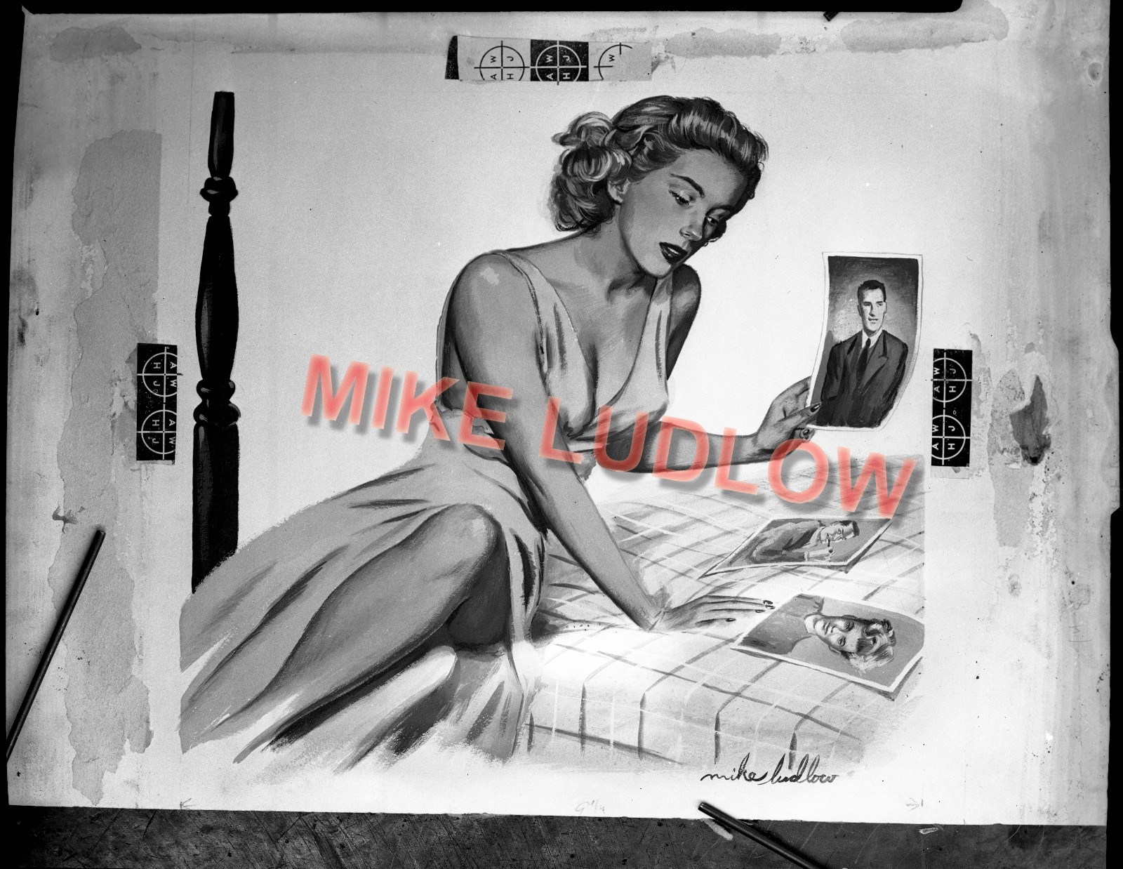 ORIGINAL MIKE LUDLOW ILLUSTRATION ART 4×5 Negative Film GLAMOUR GIRL ON BED Rare