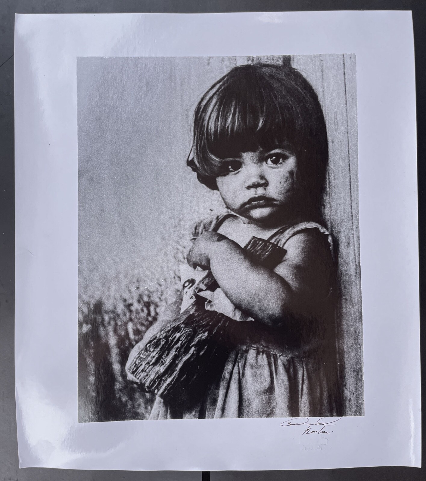young girl holding a wooden doll By A Korda 1960 Signed Vintage Print