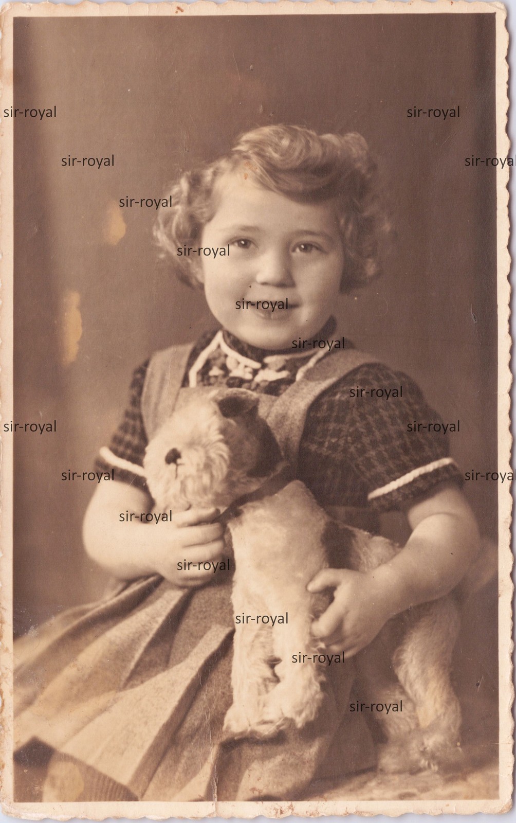 Girl 1942 with Fox Terrier Plush Toy – 1940s – Photo Postcard 9x14cm