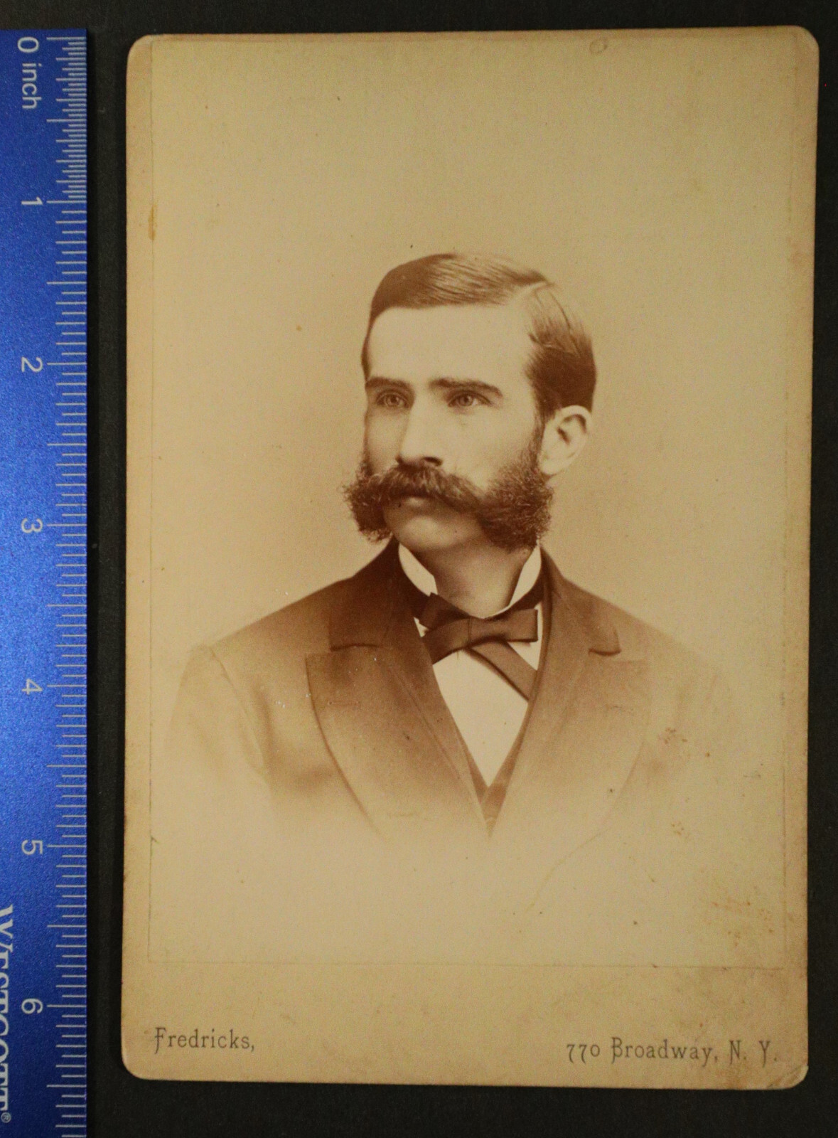 Cabinet Card, 4×6.5, man in suit, moustache, Fredericks Broadway New York