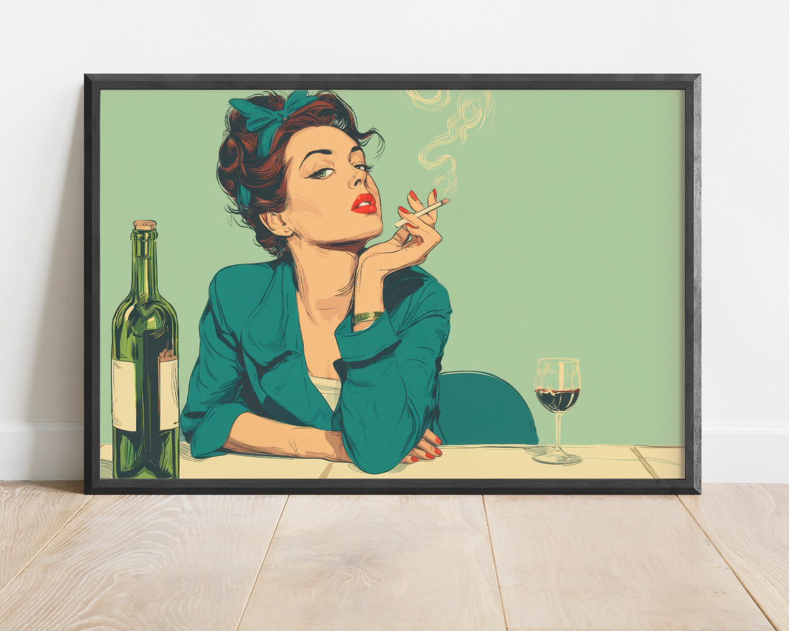 Retro Pop Art Woman Smoking Cigarette with Wine Bottle and Glass, Vintage Comic