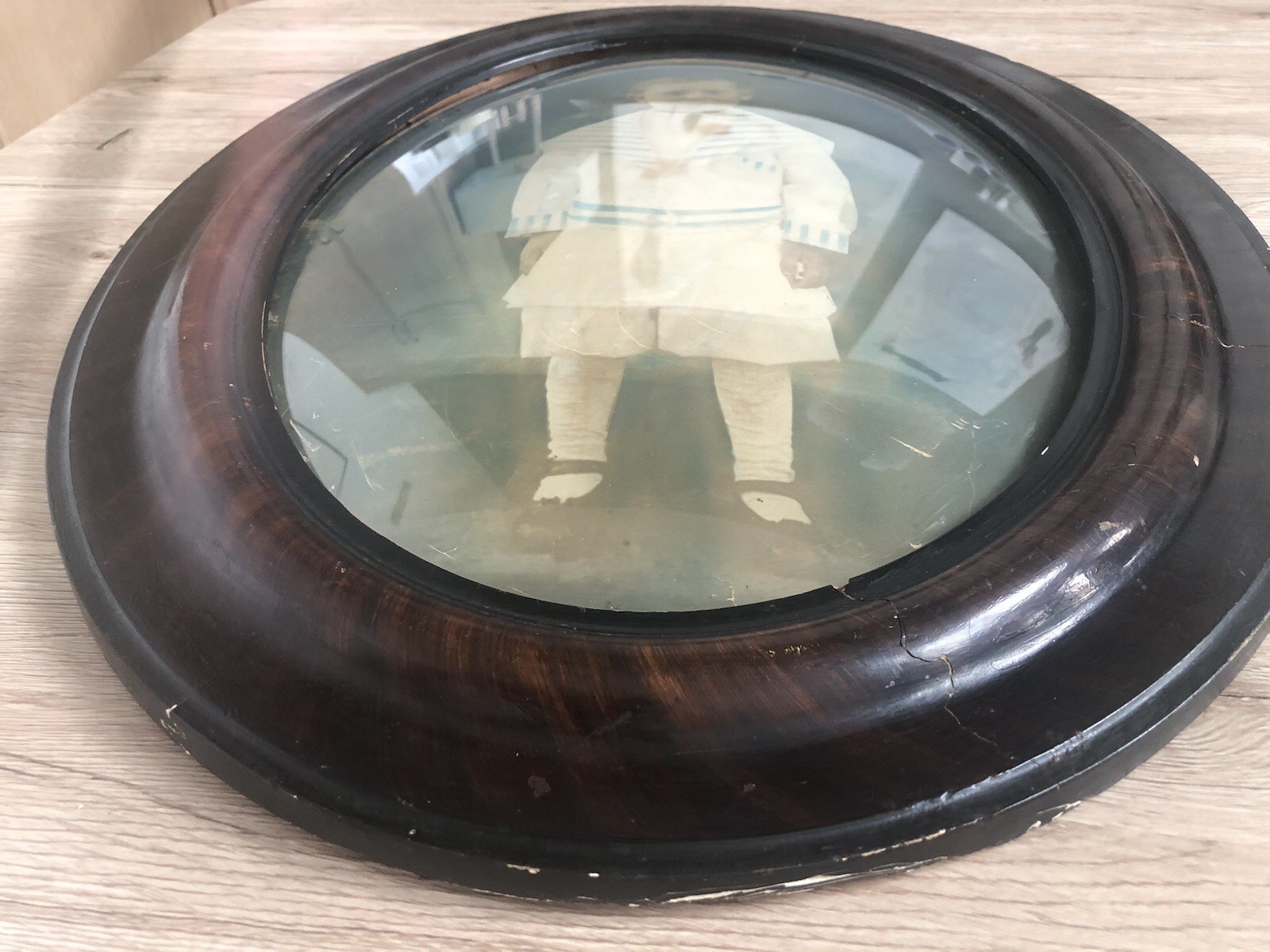 Large Antique Oval Bubble Glass Sepia Photo Child Portrait BOY IN SAILOR SUIT