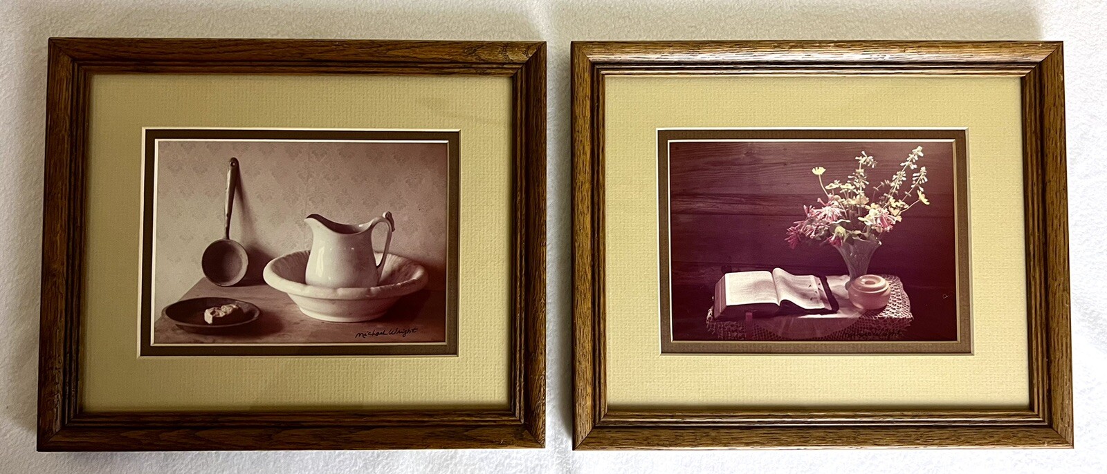 2 VTG Michael Wright Framed Photographs Still Life 11” Cottage Farmhouse Bible