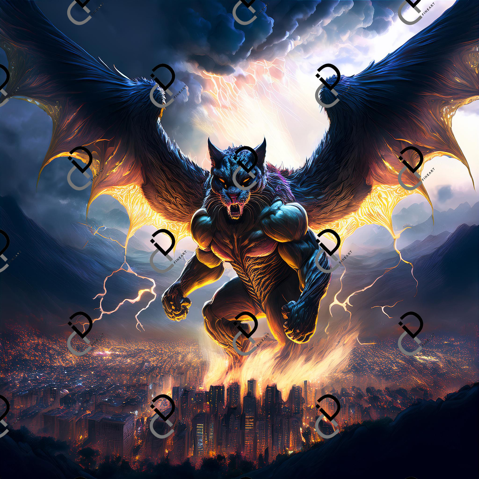 Big Cat Winged Demon Digital Image – Epic Battle Scene Over City AI Art Photo