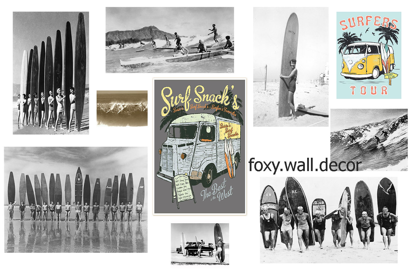 Surf waikiki Vintage surfing Art Print Poster USA Black White Boards