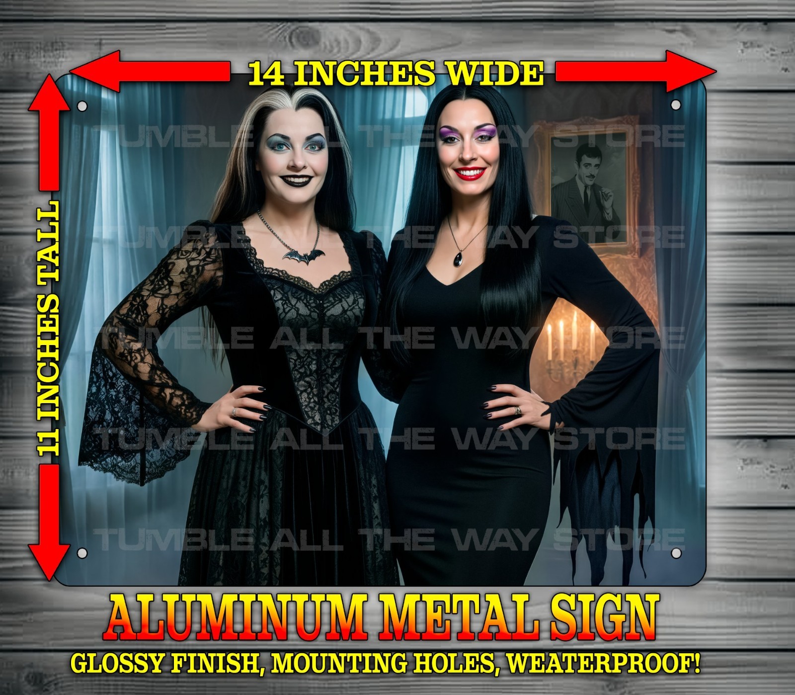 Lily Munster and Morticia Addams Goth Vixens Metal Sign Wall Art 14x 11″