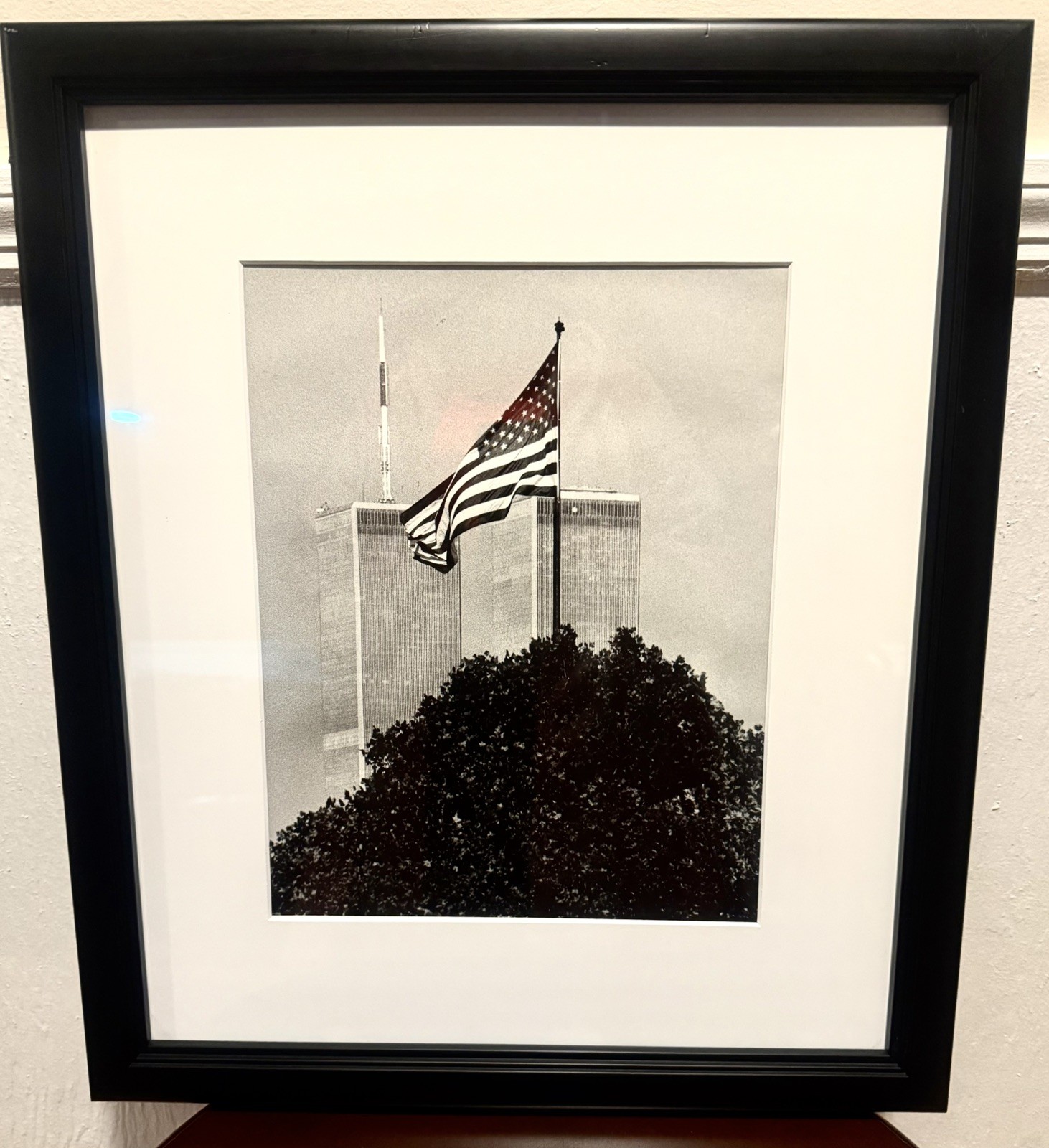 WTC Twin Towers & US Flag NYC Black & White Photo Print Custom Matted & Framed