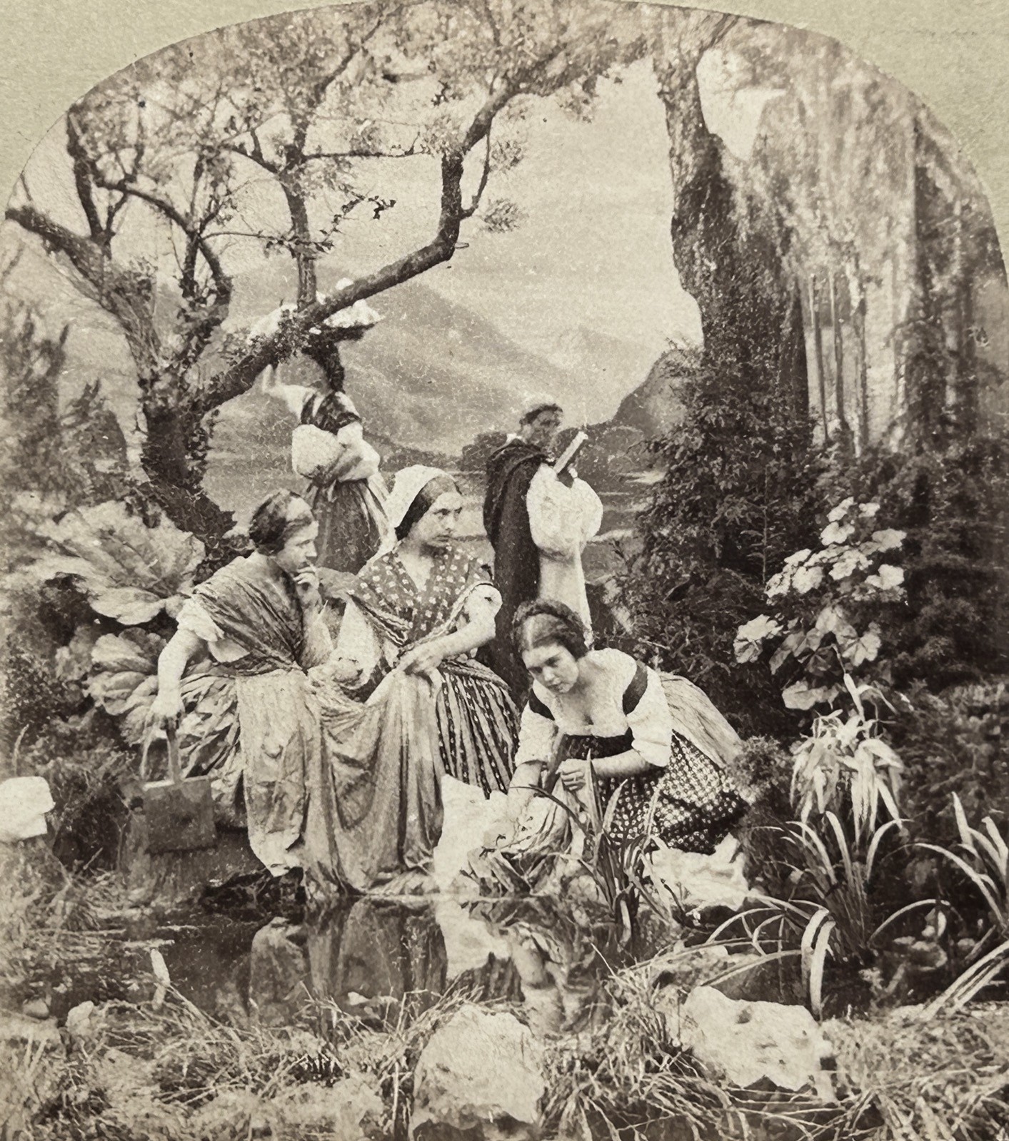 Genre Scene With Lavandières C1860 Vintage Album Photo Stereoscopic