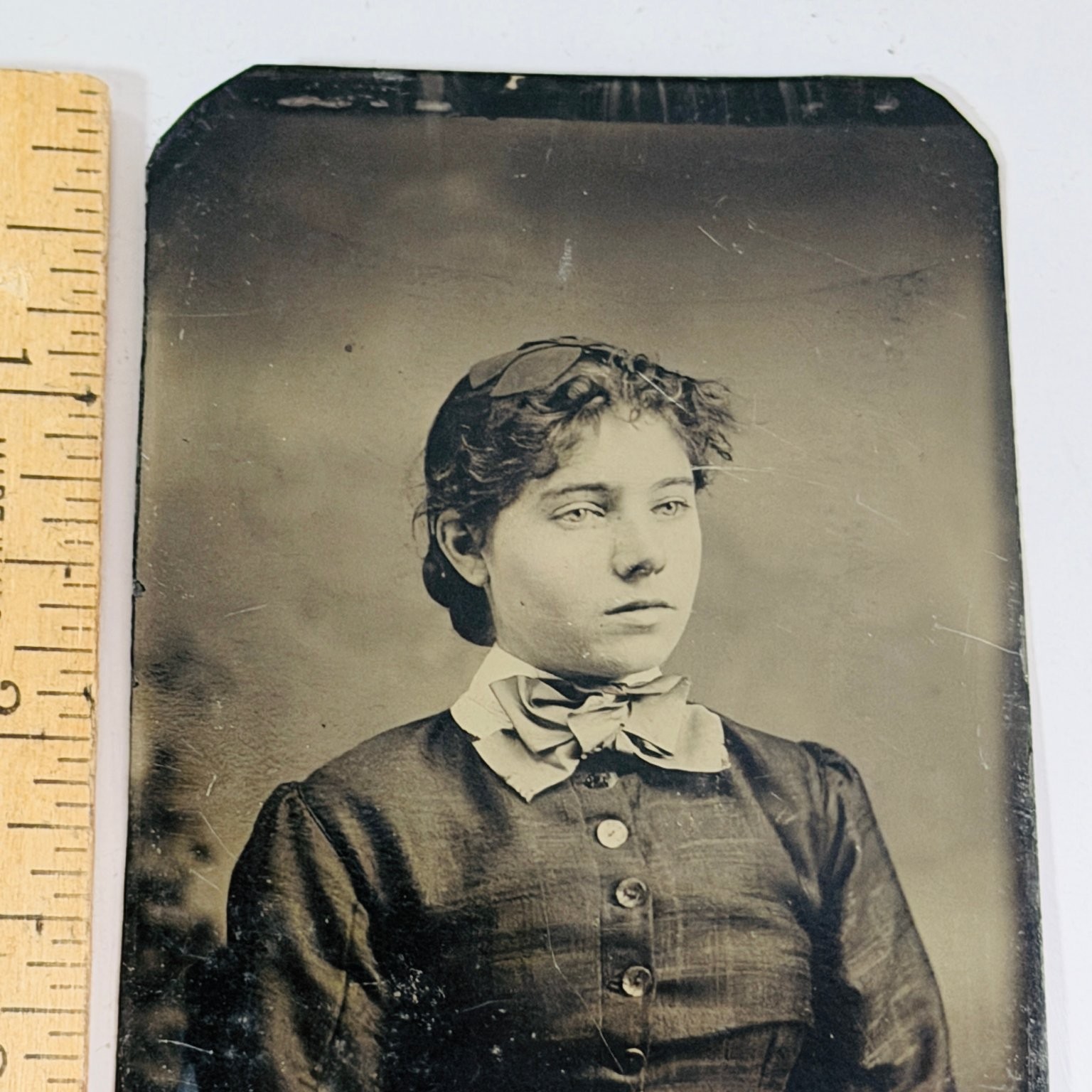 Vintage Tin Photograph Portrait Woman 3.25×3.25 inch Antique Style