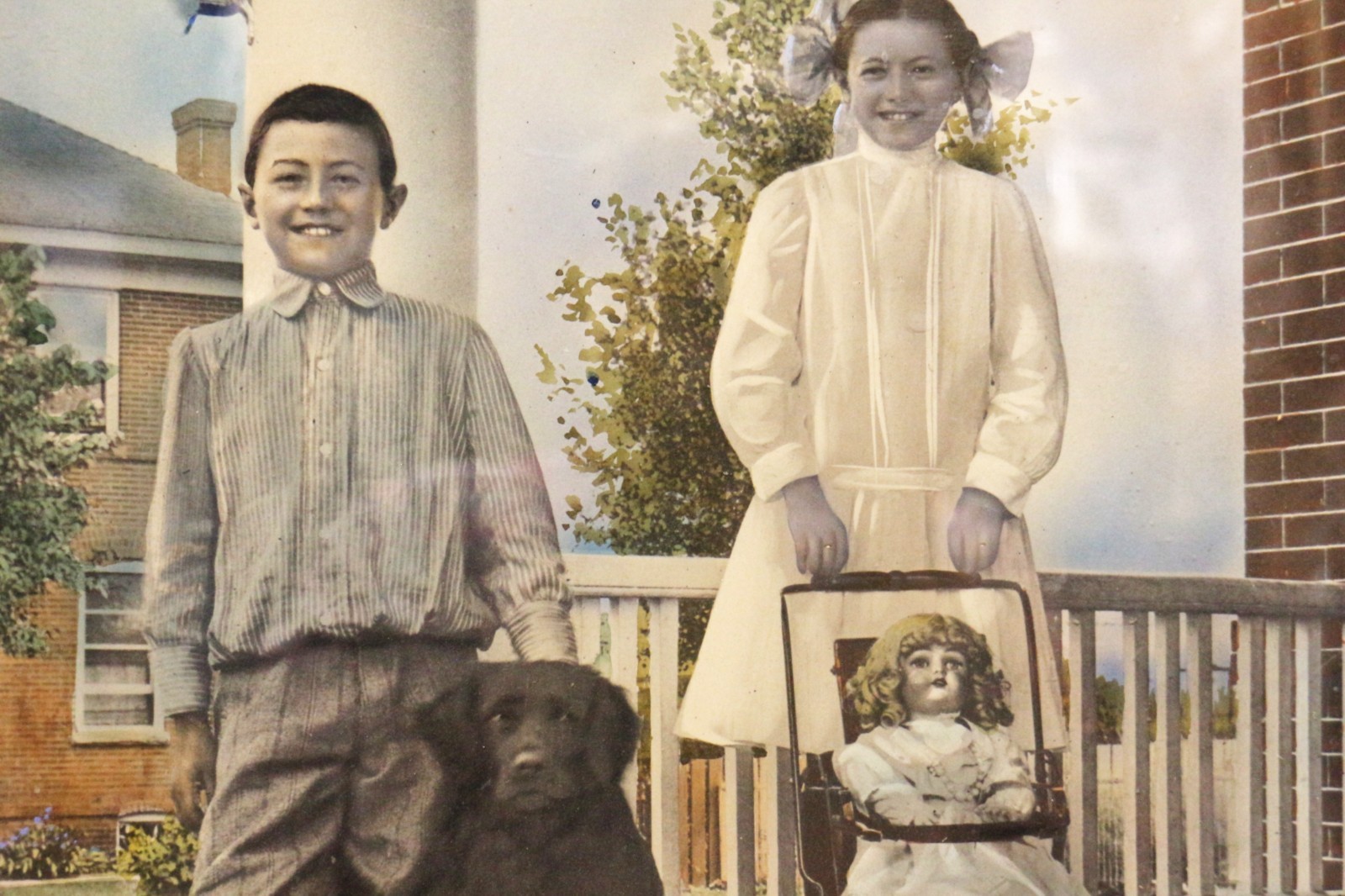 Wonderful Antique Hand-colored Photograph Boy & Girl Framed ca 1910-20 16 x 20″