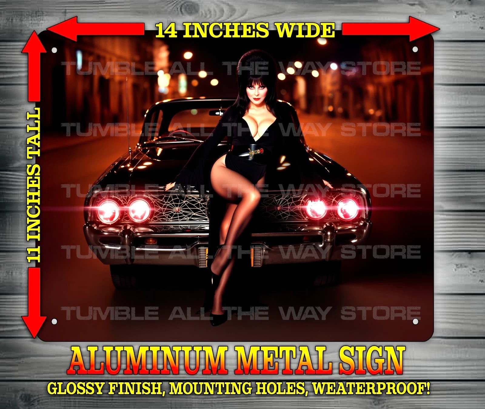 Sexy Elvira Mistress of the Dark on Macabre Hot Rod Metal Sign Art 14″ x 11″
