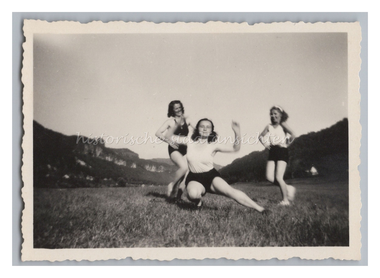3 Girls Dancing Gymnastics Gymnastics in Meadow – Vintage Photo 1930s
