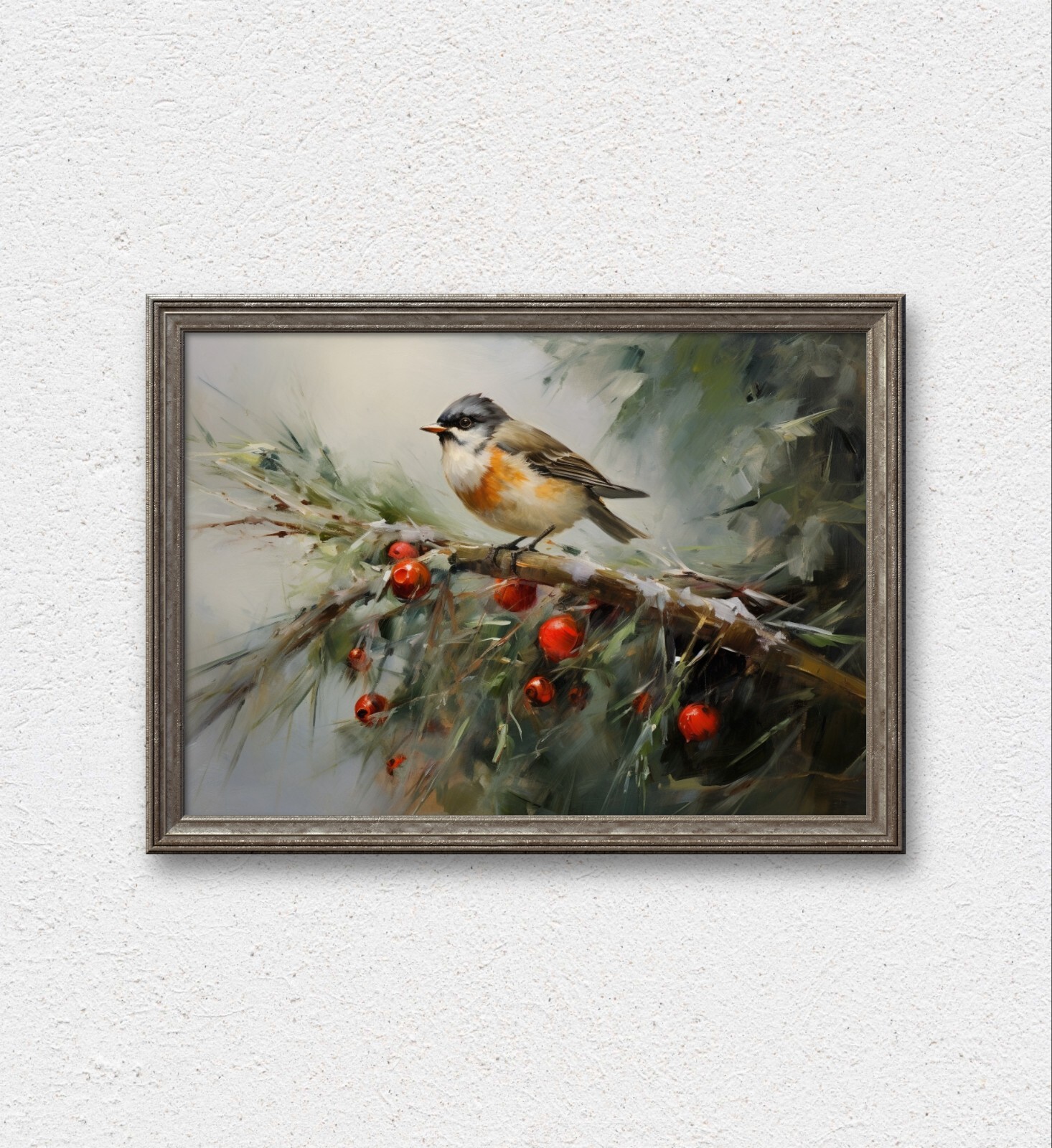 Winter Bird Painting, Winter Christmas Wall Art, Printable Christmas Tree Bird