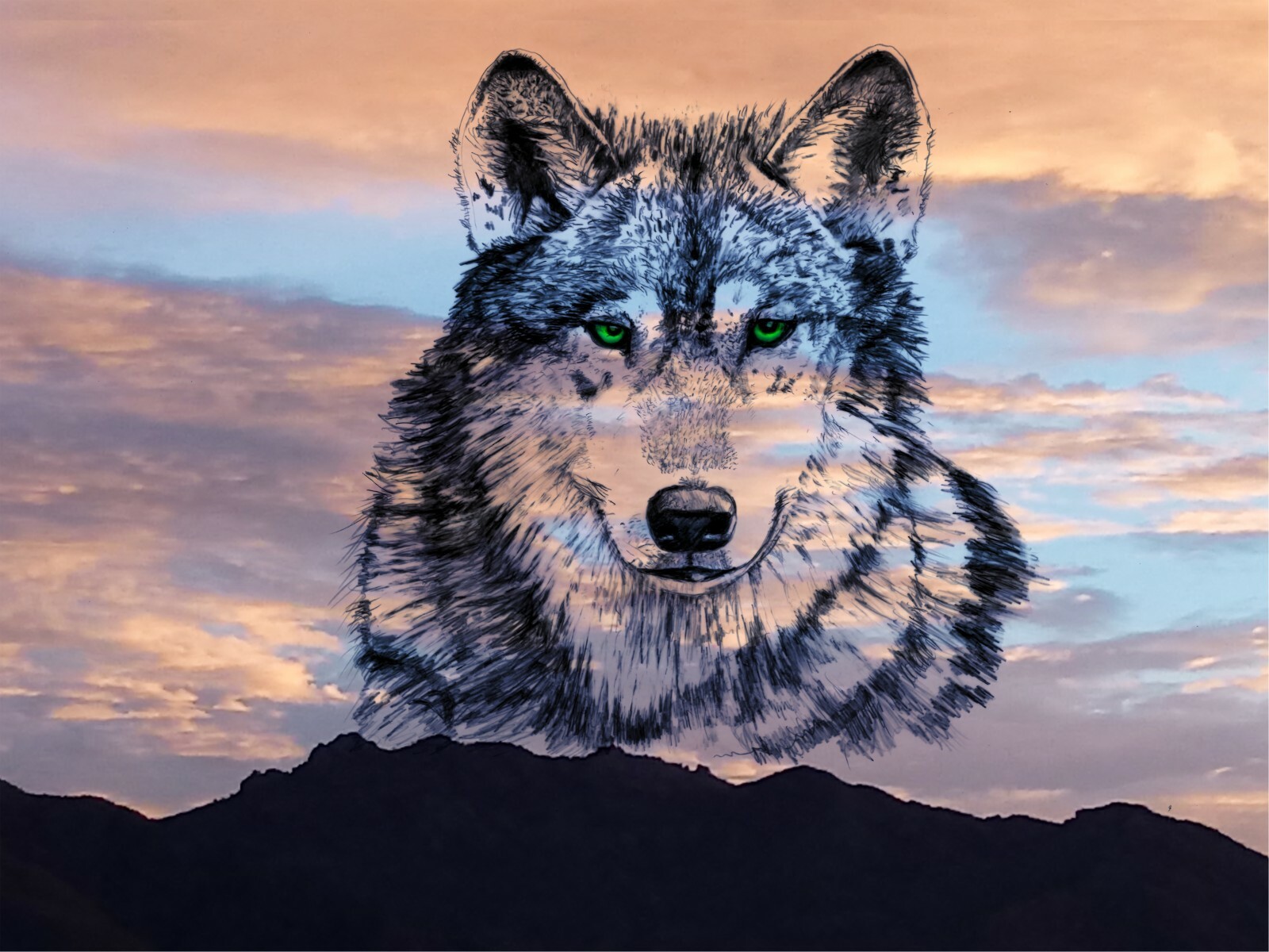 Native American Wolf Spirit Animal drawing on Sunrise Photo southwest painting