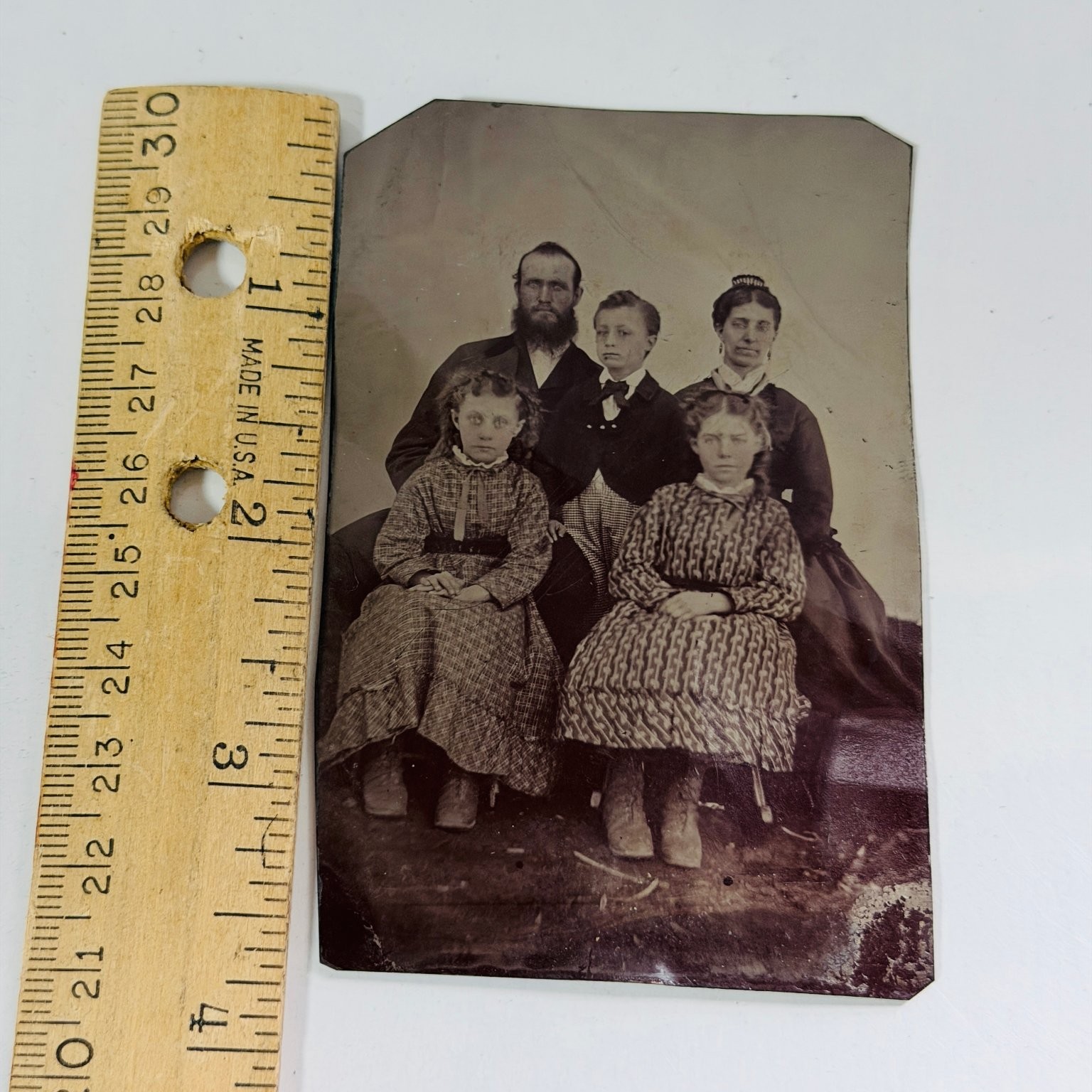 Vintage Tin Photograph Family Portrait 5 People Antique Photo